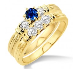 1.25 Carat Sapphire and Diamond Three Stone Bridal Set  on 10k Yellow Gold