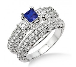 2 Carat Sapphire and Diamond Antique Milgrain Trilogy Bridal set  on 10k White Gold