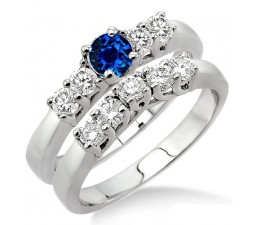 1.5 Carat Sapphire and Diamond Five Stone Bridal Set  on 10k White Gold
