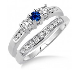 2 Carat Sapphire and Diamond Elegant Three Stone Trilogy Round Cut Bridal set on 10k White Gold