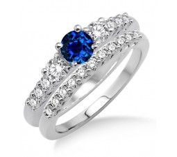 1.5 Carat Sapphire and Diamond Trilogy Bridal set  on 10k White Gold