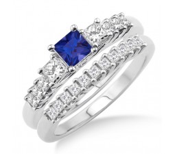 1.5 Carat Sapphire and Diamond Elegant Three Stone Bridal Set  on 10k White Gold