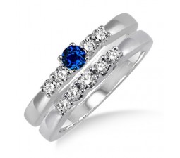 1.25 Carat Sapphire and Diamond Elegant 5 stone Bridal Set  on 10k White Gold