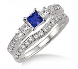 1.5 Carat Sapphire and Diamond Antique Bridal set Halo Ring  on 10k White Gold
