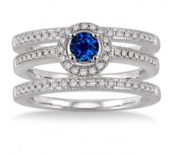 2 Carat Sapphire and Diamond Trio set Halo Ring  on 10k White Gold