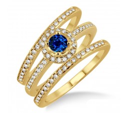 2 Carat Sapphire and Diamond Trio set Halo Ring  on 10k Yellow Gold