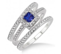 2 Carat Sapphire and Diamond Trio set Halo Ring  on 10k White Gold