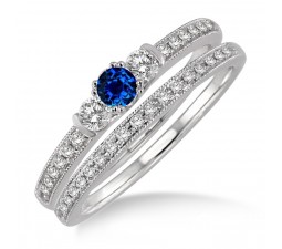 1.5 Carat Sapphire and Diamond Three Stone Bridal Set  on 10k White Gold