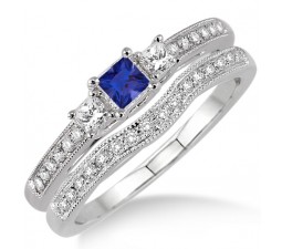1.5 Carat Sapphire and Diamond Three Stone Bridal Set  on 10k White Gold