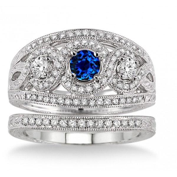 2 Carat Sapphire and Diamond Trilogy set Ring on 10k White Gold ...