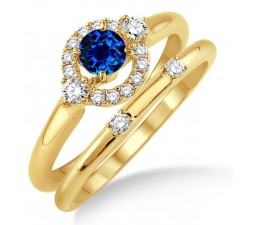 1.25 Carat Sapphire and Diamond Elegant Flower Halo Bridal Set  on 10k Yellow Gold