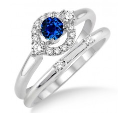 1.25 Carat Sapphire and Diamond Elegant Flower Halo Bridal Set  on 10k White Gold