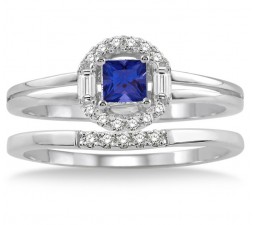 1.25 Carat Sapphire and Diamond Elegant Halo Bridal Set  on 10k White Gold