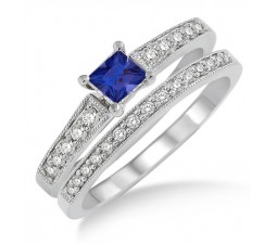 1.5 Carat Sapphire and Diamond Antique Flower Bridal Set  on 10k White Gold