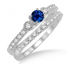 1.5 Carat Sapphire and Diamond Antique Three Stone Bridal Set  on 10k White Gold