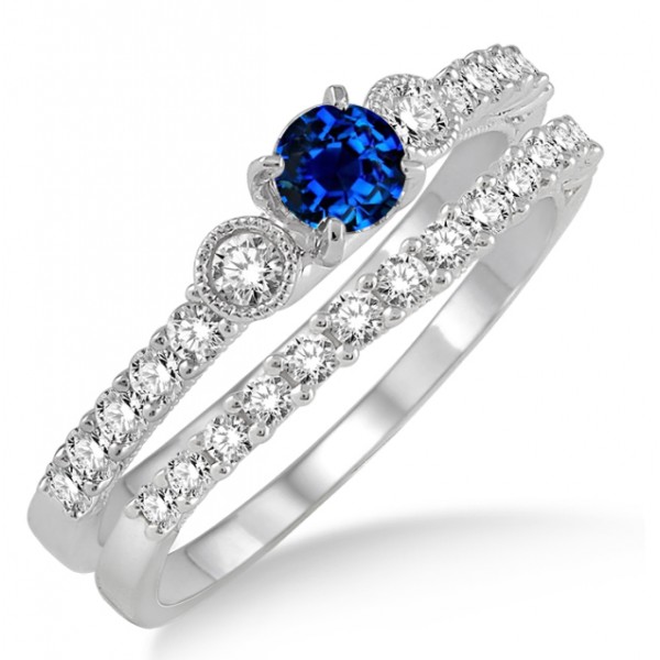 1.5 Carat Sapphire and Diamond Antique Three Stone Bridal Set on 10k ...