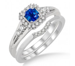 1.5 Carat Sapphire and Diamond Bridal Set Halo Engagement Ring Bridal Set on 10k White Gold