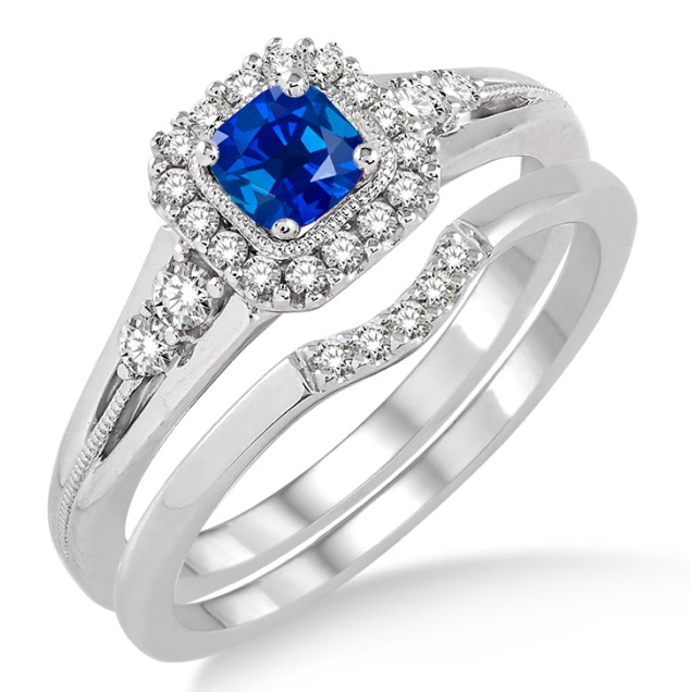 1.5 Carat Sapphire and Diamond Bridal Set Halo Engagement Ring Bridal ...