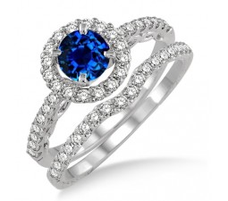 1.5 Carat Sapphire and Diamond Antique Floral Halo Bridal set  on 10k White Gold