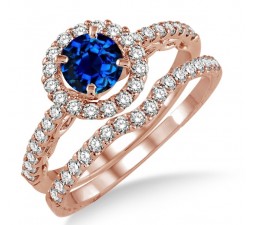 1.5 Carat Sapphire and Diamond Antique Floral Halo Bridal set on 10k Rose Gold