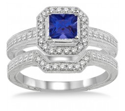 2 Carat Sapphire and Diamond Antique Halo Bridal set on 10k White Gold