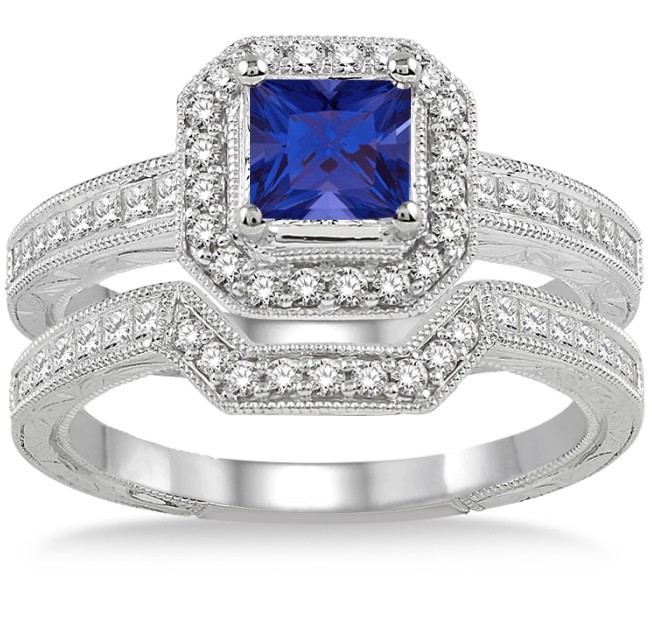 2 Carat Sapphire and Diamond Antique Halo Bridal set on 10k White Gold ...