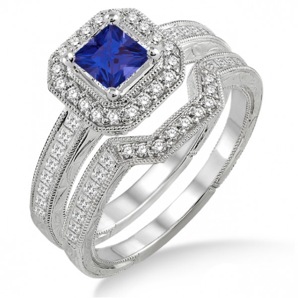 2 Carat Sapphire and Diamond Antique Halo Bridal set on 10k White Gold ...
