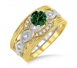 1.25 Carat Emerald & Diamond Vintage Trio Bridal Set Engagement Ring  on 10k White Gold