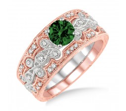 1.5 Carat Emerald & Diamond Vintage Trio Bridal Set Engagement Ring  on 10k White Gold