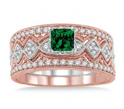 2 Carat Emerald & Diamond Antique Trio Bridal Set Engagement Ring  on 10k White Gold