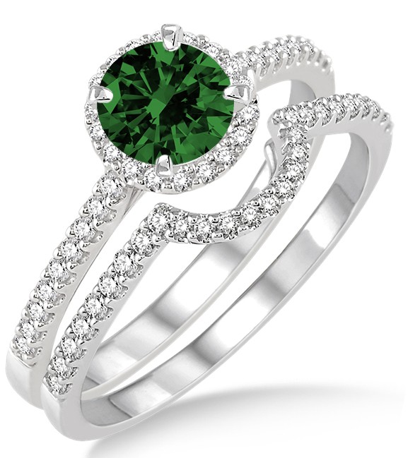 2 Carat Emerald & Diamond Halo Bridal Set Engagement Ring on 10k White ...