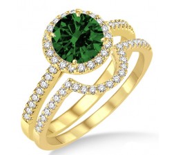2 Carat Emerald & Diamond Halo Bridal Set Engagement Ring on 10k Yellow Gold