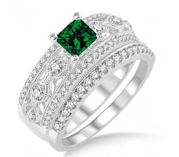 1.5 Carat Emerald & Diamond Antique Bridal Set Engagement Ring on 10k White Gold