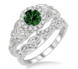 1.25 Carat Emerald & Diamond Vintage floral Bridal Set Engagement Ring  on 10k White Gold