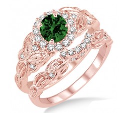 1.25 Carat Emerald & Diamond Vintage floral Bridal Set Engagement Ring on 10k Rose Gold
