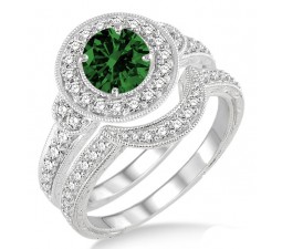 1.5 Carat Emerald & Diamond Antique Halo Bridal Set Engagement Ring  on 10k White Gold