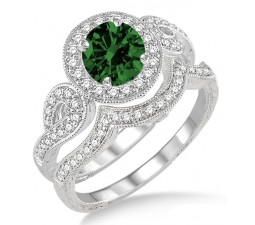 1.5 Carat Emerald & Diamond Antique Halo Bridal Set Engagement Ring  on 10k White Gold