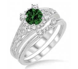 1.25 Carat Emerald & Diamond Vintage halo floral Bridal Set Engagement Ring  on 10k White Gold