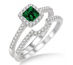 1.5 Carat Emerald & Diamond Halo Bridal Set  on 10k White Gold