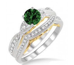 1.25 Carat Emerald & Diamond two tone bridal setround cut diamond on 10k White Gold