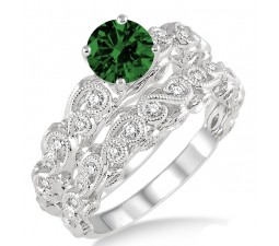 1.25 Carat Emerald & Diamond Infinity Antique Bridal setround cut diamond on 10k White Gold