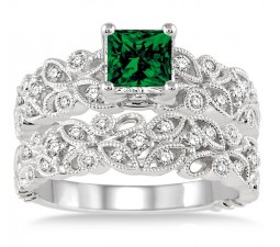 1.5 Carat Emerald & Diamond Infinity Floral Antique Bridal setRound cut diamond on 10k White Gold
