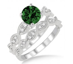 1.5 Carat Emerald & Diamond inertwined Bridal setRound cut diamond on 10k White Gold