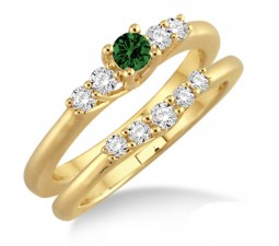 1.25 Carat Emerald & Diamond Affordable Bridal Set  on 10k Yellow Gold