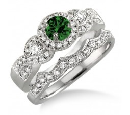 1.5 Carat Emerald & Diamond Halo Bridal Set  on 10k White Gold