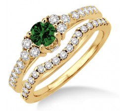 1.25 Carat Emerald & Diamond Bridal set Halo  on 10k Yellow Gold