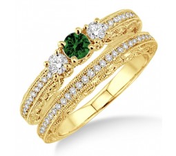 2 Carat Emerald & Diamond Antique Milgrain Bridal set  on 10k Yellow Gold