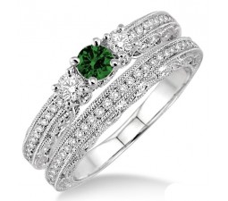 2 Carat Emerald & Diamond Antique Bridal set  on 10k White Gold