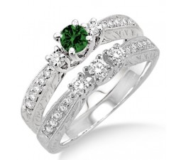 1.5 Carat Emerald & Diamond Antique Bridal set  on 10k White Gold