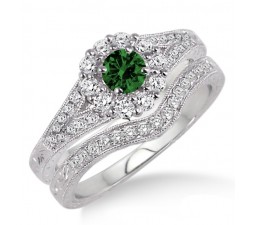 1.5 Carat Emerald & Diamond Antique Floral Bridal set  on 10k White Gold